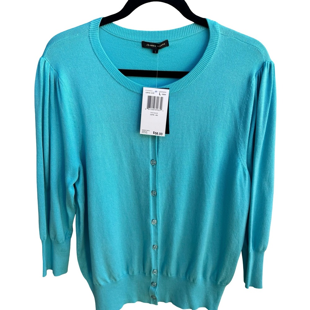Jeanne Pierre Coastal Preppy Layering Puff Shoulder Cardigan Sweater Blue L NEW
